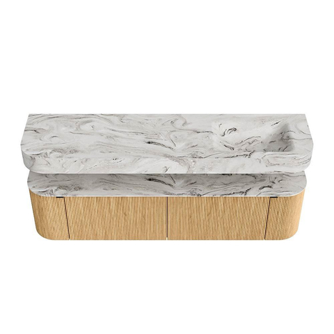 MONDIAZ THOR-DLUX 180cm badmeubel ronding links + rechts kleur Oak met 2 lades en 2 deuren. Vrijhangende wastafel CLOUD Rechts zonder kraangat kleur Glace. SW1465911