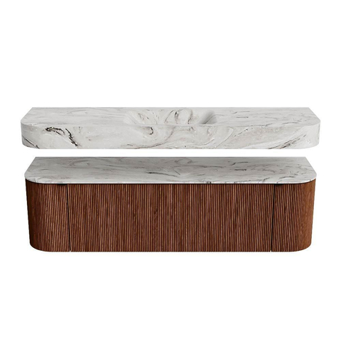 MONDIAZ THOR-DLUX 160cm meuble de salle de bains arrondi gauche + droite couleur Ruby avec 1 tiroir et 2 portes. Vasque suspendue CLOUD Milieu 1 trou de robinet couleur Glace. SW1465165
