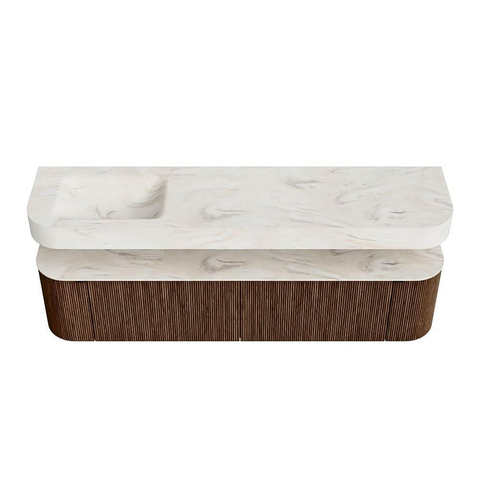 MONDIAZ THOR-DLUX Meuble de salle de bains - 190cm - arrondi gauche + droite - couleur Walnut - 2 tiroirs et 2 portes - Vasque suspendue CLOUD Gauche sans trou de robinet - couleur Ostra SW1466438