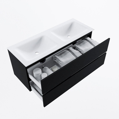 MONDIAZ VICA meuble sous lavabo 120cm Urban 2 tiroirs. Lavabo CLOUD double sans trou de robinet, couleur Talc. SW1381914