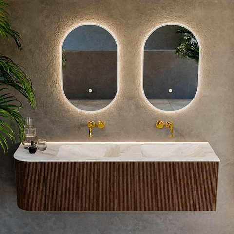 MONDIAZ KURVE-DLUX meuble de salle de bains 155cm avec module 25 L couleur Walnut avec 2 tiroirs et 1 porte. Lavabo LEAF double / à droite sans trou de robinet couleur Frappe. SW1137480