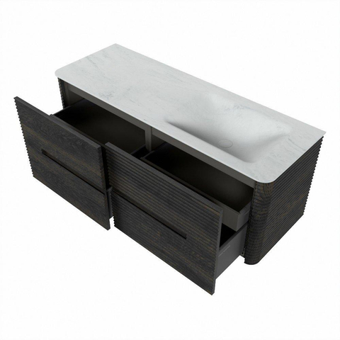 Mondiaz CIRO-DLUX Ensemble de meubles de salle de bains - 130x45x50cm - Plan-vasque en solid surface Opalo - 1 vasque à droite - 1 trou de robinetterie - 4 tiroirs - Shadow SW1532400