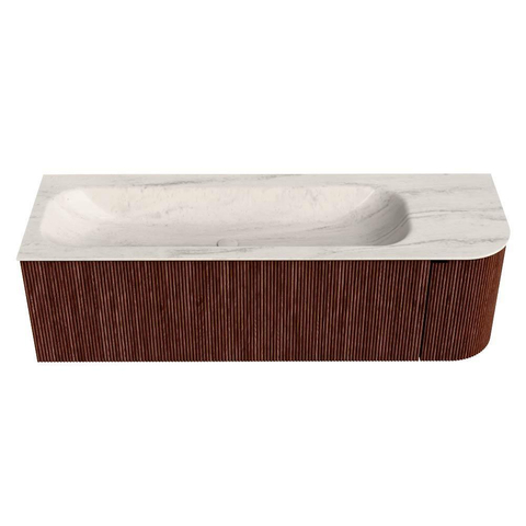 MONDIAZ KURVE-DLUX Meuble de salle de bains 145cm arrondi Droite couleur Ruby avec 1 tiroir et 1 porte. Lavabo BIG LARGE Gauche sans trou de robinet Meli. SW1432045