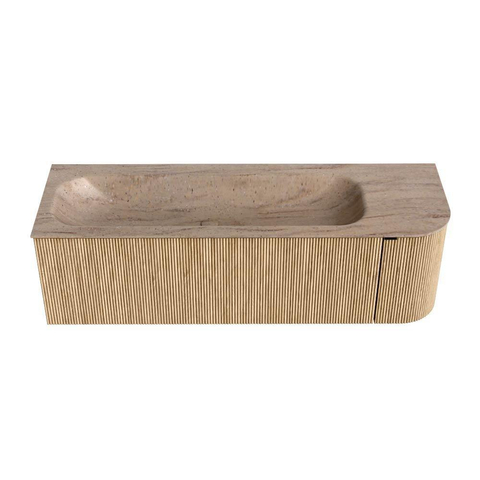 MONDIAZ KURVE-DLUX Meuble de salle de bains 145cm arrondi à droite couleur chêne avec 1 tiroir et 1 porte. Lavabo BIG LARGE à gauche 1 trou de robinet Saba. SW1433093