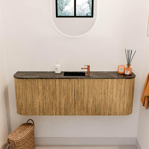 Mondiaz JOYA-DLUX 123.2cm toiletmeubel - ronding links en rechts kleur Oak - Wastafel FAYE positie Midden 1 kraangat kleur Lava. SW1422131