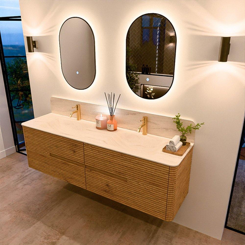 Mondiaz CIRO-DLUX Meuble de salle de bains - 170x45x50cm - Plan vasque Solid surface Meli - 2 vasques Double - 2 trous de robinetterie - 4 tiroirs - Chêne SW1531416