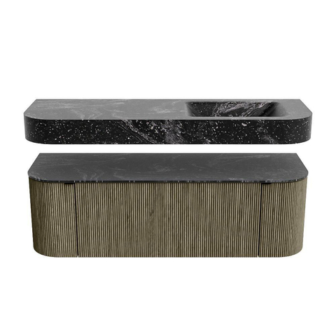MONDIAZ THOR-DLUX 140cm meuble de salle de bains arrondi gauche + droite couleur Shadow avec 1 tiroir et 2 portes. Vasque suspendue CLOUD droite sans trou de robinet couleur Lava. SW1464146