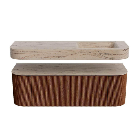 MONDIAZ THOR-DLUX 140cm meuble de salle de bains arrondi gauche + droite couleur Ruby avec 1 tiroir et 2 portes. Vasque suspendue CLOUD Droite 1 trou de robinet couleur Arena. SW1464484