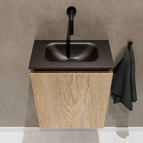 MONDIAZ TURE Fonteinset - 40x23x50cm - 0 kraangaten - 1 deur - washed oak mat - Wasbak midden - Solid Surface Zwart SW475462