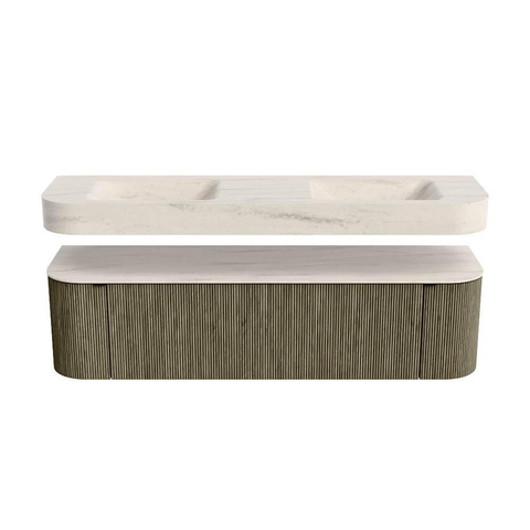 MONDIAZ THOR-DLUX 170cm meuble de salle de bains arrondi gauche + droite couleur Shadow avec 1 tiroir et 2 portes. Vasque suspendue CLOUD Double 2 trous de robinet couleur Meli. SW1465777