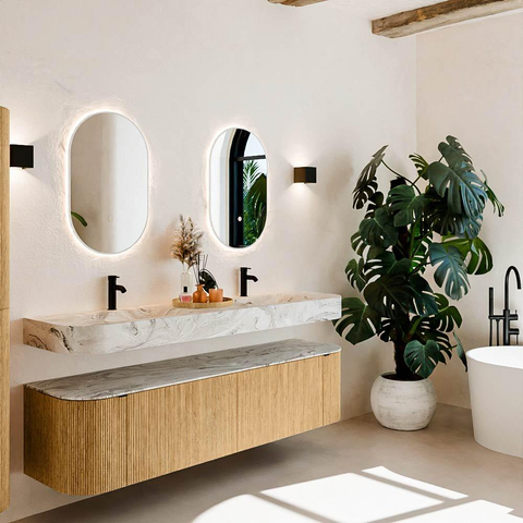 MONDIAZ THOR-DLUX 180cm meuble de salle de bains arrondi gauche + droite couleur Oak avec 2 tiroirs et 2 portes. Vasque suspendue CLOUD Double 2 trous de robinet couleur Glace. SW1465895