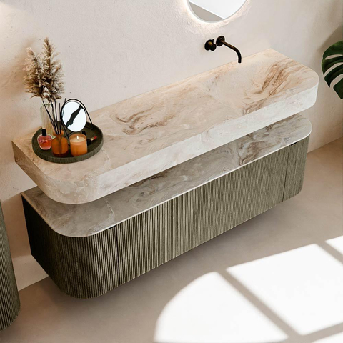 MONDIAZ THOR-DLUX 160cm meuble de salle de bains arrondi gauche + droite couleur Shadow avec 1 tiroir et 2 portes. Vasque suspendue CLOUD Droite sans trou de robinet couleur Frappe. SW1465123