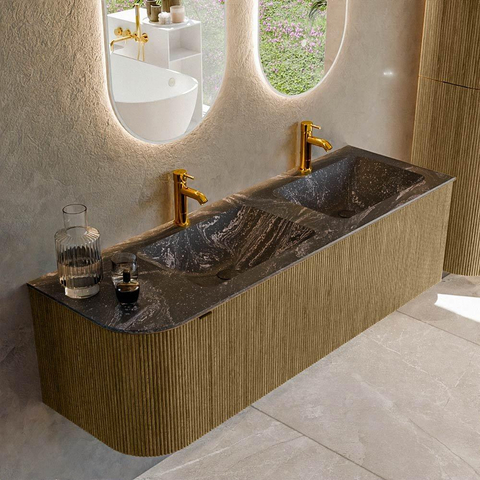 Mondiaz KURVE-DLUX Ensemble de meubles de salle de bains - 145x46x40cm - 1 tiroir - 1 porte - lavabo solid surface - double / droite - 2 trous de robinet - Dusk SW1415556
