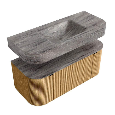 MONDIAZ THOR-DLUX 110cm badmeubel ronding links + rechts kleur Oak met 1 lade en 2 deuren. Vrijhangende wastafel CLOUD Midden zonder kraangat kleur Oza. SW1462961