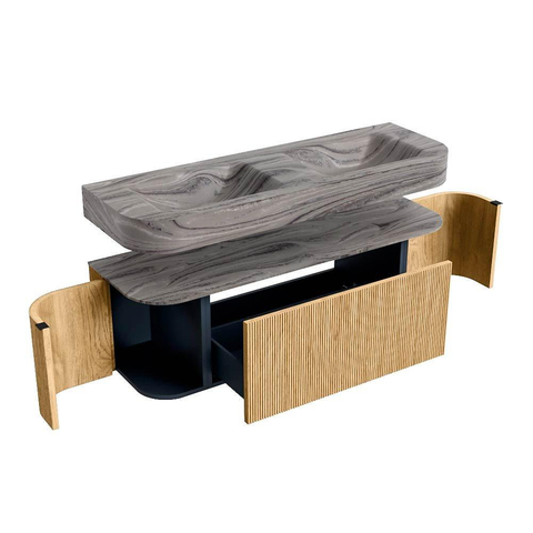 MONDIAZ THOR-DLUX Meuble de salle de bains 140cm arrondi gauche + droite couleur Oak avec 1 tiroir et 2 portes. Vasque suspendue CLOUD Double sans trou de robinet couleur Sombra. SW1464367