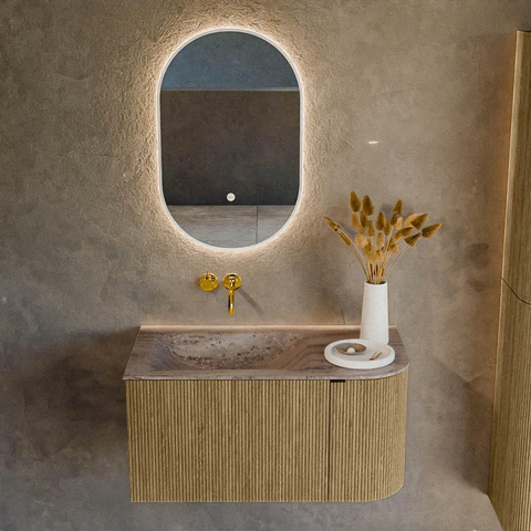 MONDIAZ KURVE-DLUX 85cm badmeubel ronding Rechts kleur Dusk met 1 lade en 1 deur. Wastafel CLOUD Links zonder kraangat Oza. SW1432954