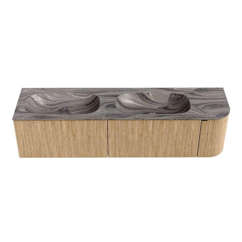 MONDIAZ KURVE-DLUX 175cm badmeubel ronding Rechts kleur Oak met 2 lades en 1 deur. Wastafel STOR SMALL Dubbel / Links 2 kraangaten Sombra. SW1433614