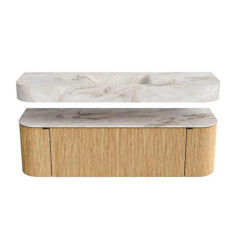 MONDIAZ THOR-DLUX 150cm badmeubel ronding links + rechts kleur Oak met 1 lade en 2 deuren. Vrijhangende wastafel CLOUD Midden 1 kraangat kleur Frappe. SW1464589