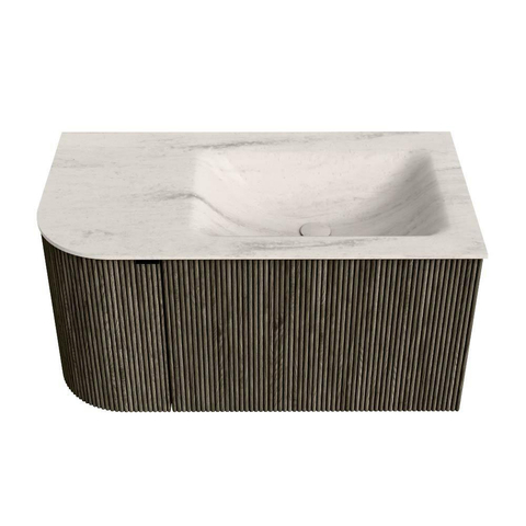 MONDIAZ KURVE-DLUX 85cm badmeubel ronding Links kleur Shadow met 1 lade en 1 deur. Wastafel CLOUD Rechts 1 kraangat Meli. SW1431761