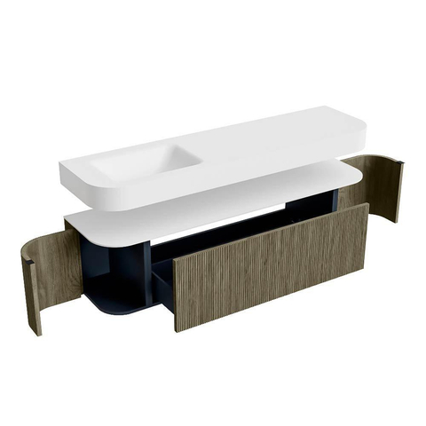 MONDIAZ THOR Meuble de salle de bains 170cm arrondi gauche + droite couleur Shadow avec 1 tiroir et 2 portes. Vasque suspendue CLOUD Gauche 1 trou de robinet couleur Talc. SW1465514