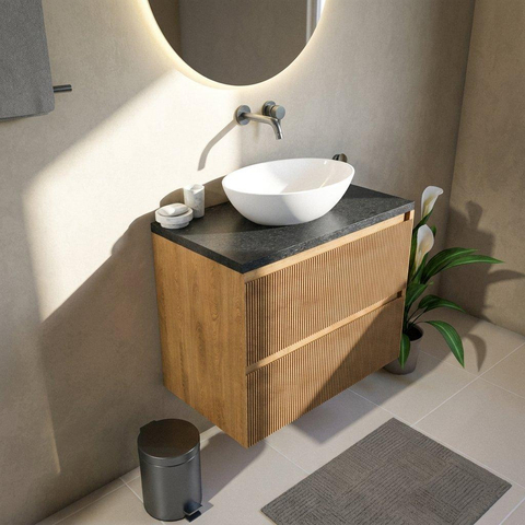 Saniclass Holz Atelier Badkamermeubelset - 80x45x63cm - Noche basalten wastafelblad gepolijst (zwart) - zonder kraangat - 2 lades - mat eiken natural (hout) SW1478533