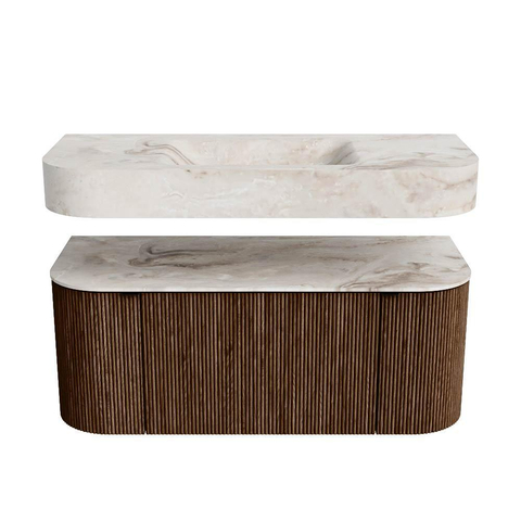 MONDIAZ THOR-DLUX 110cm badmeubel ronding links + rechts kleur Walnut met 1 lade en 2 deuren. Vrijhangende wastafel CLOUD Midden zonder kraangat kleur Frappe. SW1462772