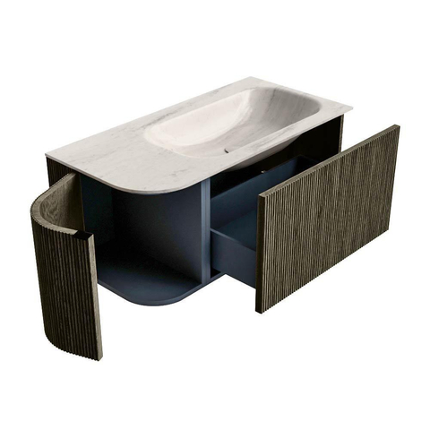 MONDIAZ KURVE-DLUX Meuble de salle de bains 95cm arrondi à gauche couleur Shadow avec 1 tiroir et 1 porte. Lavabo BIG SMALL à droite sans trou de robinet Meli. SW1431793