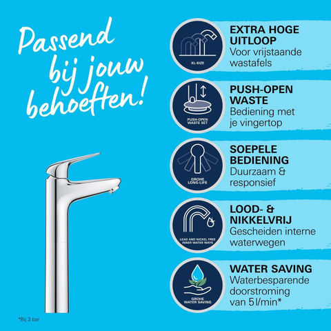 Grohe Swift QuickFix Mitigeur lavabo - XL size - avec bonde push open - chrome SW1109094