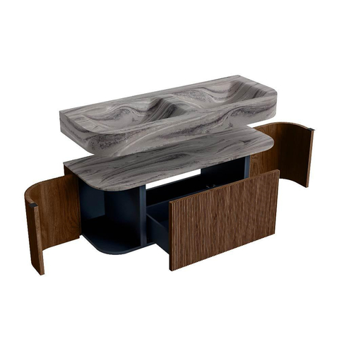 MONDIAZ THOR-DLUX 120cm badmeubel ronding links + rechts kleur Walnut met 1 lade en 2 deuren. Vrijhangende wastafel CLOUD Dubbel zonder kraangat kleur Sombra. SW1463648