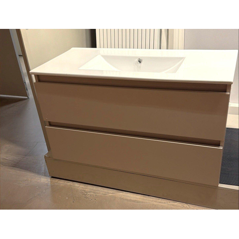 Adema Chaci Badkameronderkast - 100cm -met wastafel keramiek wit glans 2 lades - greeploos - binnenlade linnen - mat cotton (beige) -lichte kras zijkant- OUTLETSTORE STORE45778