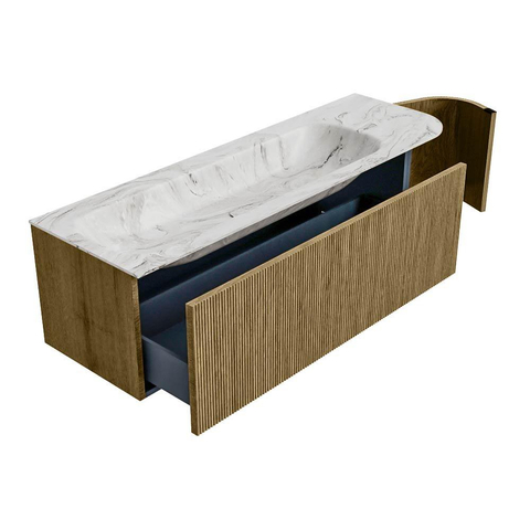 Mondiaz KURVE-DLUX Ensemble meuble de salle de bains - 145x46x40cm - 1 tiroir - 1 porte - lavabo solid surface - gauche - sans trou de robinet - Dusk SW1415494