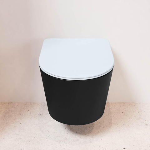 Mondiaz LAVIE hangtoilet – spoelrandloos – 36 x 53 cm – met softclose zitting – Urban (zwart), zitting Clay (lichtblauw/grijs) SW1208785