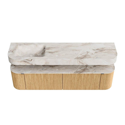 MONDIAZ THOR-DLUX 180cm badmeubel ronding links + rechts kleur Oak met 2 lades en 2 deuren. Vrijhangende wastafel CLOUD Links zonder kraangat kleur Frappe. SW1465877