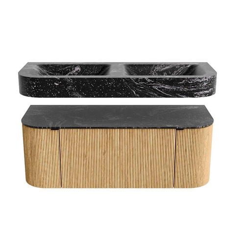 MONDIAZ THOR-DLUX 120cm meuble de salle de bains arrondi gauche + droite couleur Oak avec 1 tiroir et 2 portes. Vasque suspendue CLOUD Double 2 trous de robinet couleur Lava. SW1463088