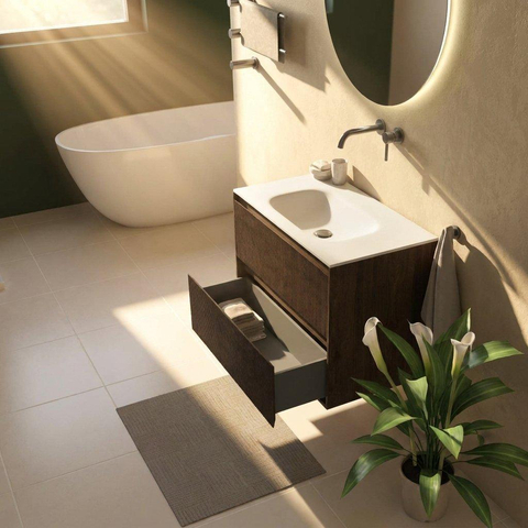 Saniclass Holz Atelier Badkamermeubelset - 80x45x61.5cm - Flow solid surface wastafel wit - 1 wasbak - zonder kraangat - 2 lades - mat eiken charcoal (hout) SW1478376