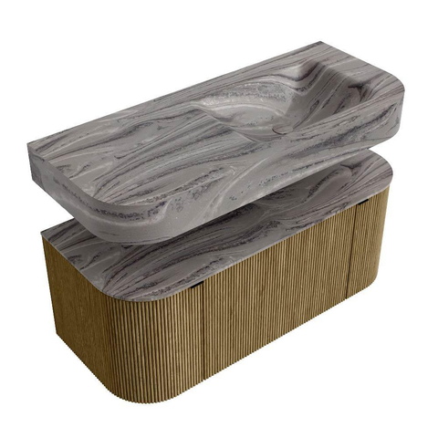 MONDIAZ THOR-DLUX 110cm meuble de salle de bains arrondi gauche + droite couleur Dusk avec 1 tiroir et 2 portes. Vasque suspendue CLOUD Droite 1 trou de robinet couleur Sombra. SW1463033