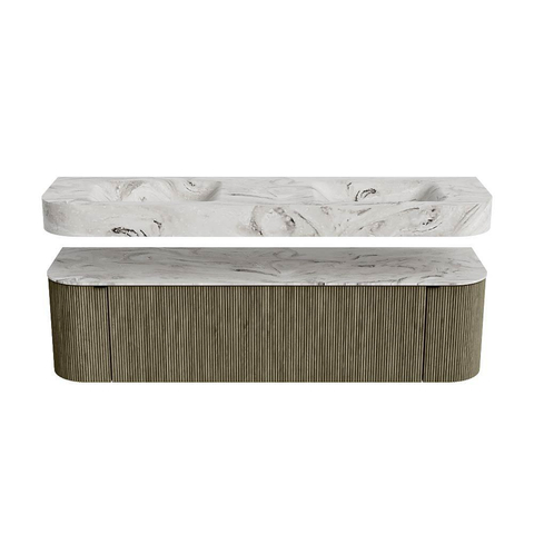 MONDIAZ THOR-DLUX Meuble de salle de bains - 170cm - arrondi gauche + droite - couleur Shadow - 1 tiroir - 2 portes - Vasque suspendue CLOUD Double sans trou de robinet - couleur Glace SW1465530