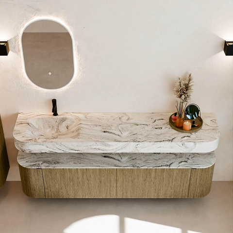 MONDIAZ THOR-DLUX Meuble de salle de bains 190cm arrondi gauche + droite couleur Dusk avec 2 tiroirs et 2 portes. Vasque suspendue CLOUD Gauche 1 trou de robinet couleur Glace. SW1466463