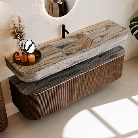 MONDIAZ THOR-DLUX 160cm meuble de salle de bains arrondi gauche + droite couleur Walnut avec 1 tiroir et 2 portes. Vasque suspendue CLOUD Milieu 1 trou de robinet couleur Sombra. SW1465376