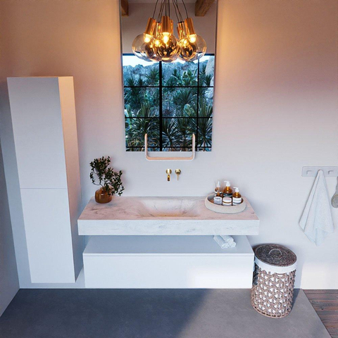 Mondiaz ALAN-DLUX Ensemble de meuble - 130cm - meuble Talc mat - 1 tiroir - Lavabo Cloud Opalo suspendu - vasque Centre - 0 trous de robinet SW806188