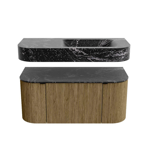MONDIAZ THOR-DLUX 100cm meuble de salle de bains arrondi gauche + droite couleur Dusk avec 1 tiroir et 2 portes. Vasque suspendue CLOUD Droite 1 trou de robinet couleur Lava. SW1467346