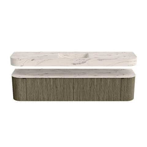 MONDIAZ THOR-DLUX 200cm meuble de salle de bains arrondi gauche + droite couleur Shadow avec 2 tiroirs et 2 portes. Vasque suspendue CLOUD Milieu 1 trou de robinet couleur Nata. SW1467181