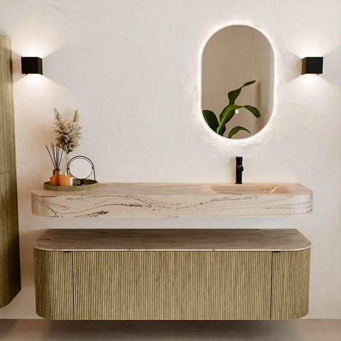 MONDIAZ THOR-DLUX 160cm meuble de salle de bains arrondi gauche + droite couleur Dusk avec 1 tiroir et 2 portes. Vasque suspendue CLOUD Droite 1 trou de robinet couleur Arena. SW1465143