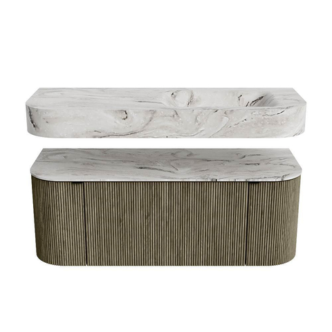 MONDIAZ THOR-DLUX Meuble de salle de bains 120cm arrondi gauche + droite couleur Shadow avec 1 tiroir et 2 portes. Vasque suspendue CLOUD Droite sans trou de robinet couleur Glace. SW1463147