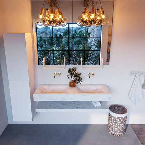 Mondiaz ALAN-DLUX Ensemble de meuble - 130cm - meuble Opalo mat - 0 tiroirs - Lavabo Cloud Opalo suspendu - vasque Gauche et droite - 0 trous de robinet SW809311