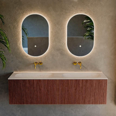 MONDIAZ KURVE-DLUX Meuble de salle de bains 150 cm couleur Ruby avec 2 tiroirs et 0 porte. Lavabo STOR SMALL Double sans trou de robinet Meli. SW1432015