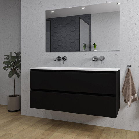 Saniclass Chaci Meuble de salle de bain - 120x46x55cm - lavabo en céramique blanc - 2 vasques - sans trous de robinet - 2 tiroirs - miroir rectangulaire - noir mat SW816577