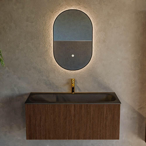 MONDIAZ KURVE Meuble de salle de bains 100cm couleur Walnut avec 1 tiroir. Lavabo BIG MEDIUM centré 1 trou de robinet Urban. SW1138497