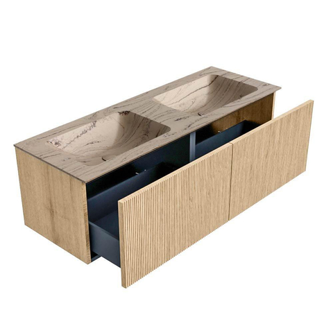 MONDIAZ KURVE-DLUX Meuble de salle de bains 130cm couleur chêne avec 2 tiroirs et 0 porte. Lavabo LEAF Double sans trou de robinet Arena. SW1431122
