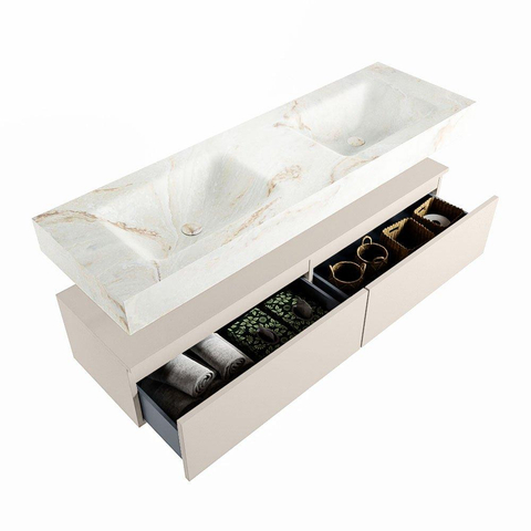 Mondiaz ALAN-DLUX Ensemble de meuble - 150cm - meuble Linen mat - 2 tiroirs - Lavabo Cloud Frappe suspendu - vasque Gauche et droite - 0 trous de robinet SW804808